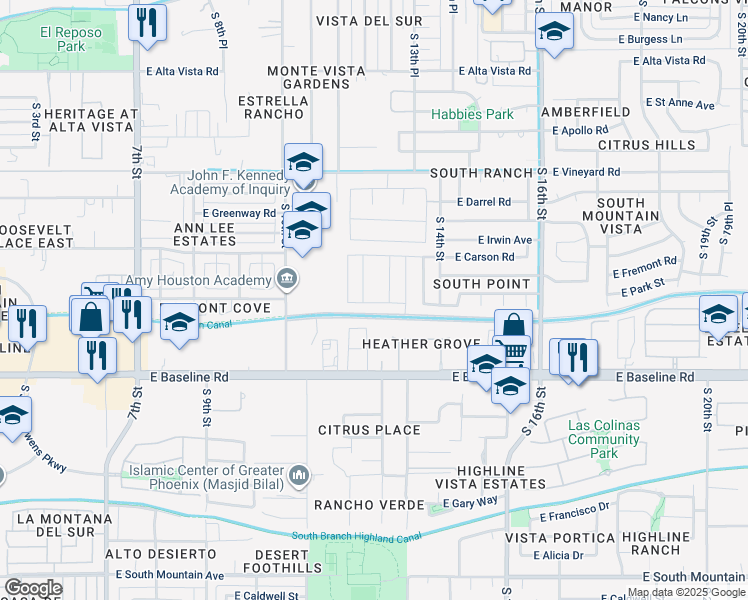 map of restaurants, bars, coffee shops, grocery stores, and more near 1238 East Fremont Road in Phoenix