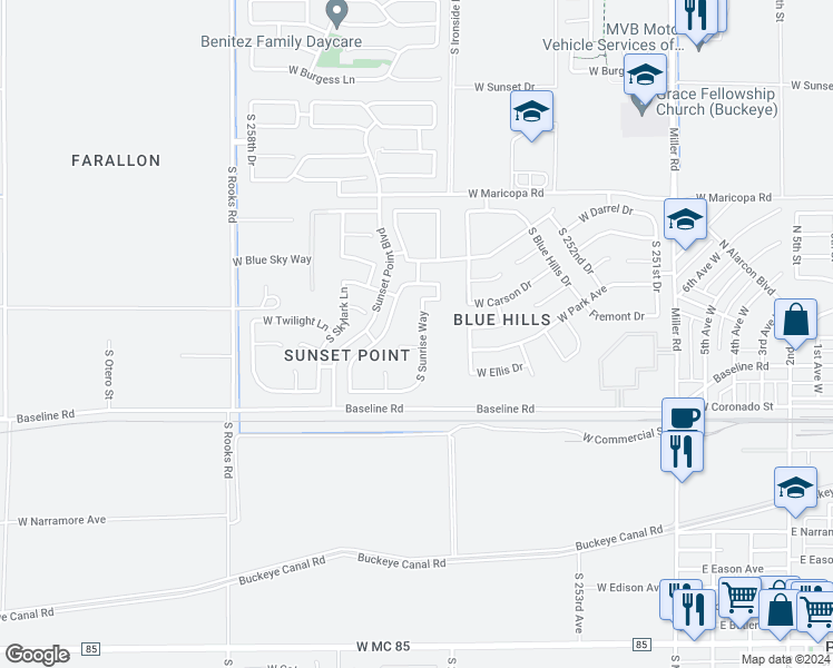 map of restaurants, bars, coffee shops, grocery stores, and more near 7304 South Sunrise Way in Buckeye