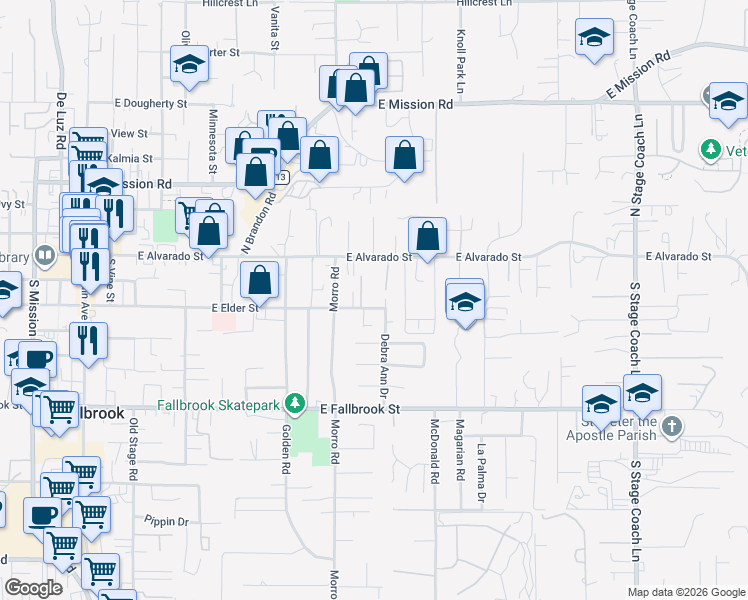 map of restaurants, bars, coffee shops, grocery stores, and more near 950 East Elder Street in Fallbrook