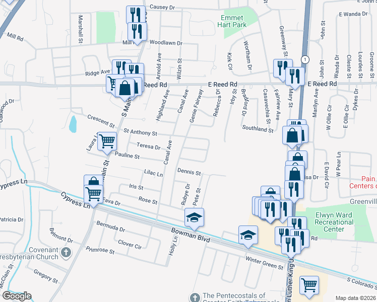 map of restaurants, bars, coffee shops, grocery stores, and more near 434 Reed Meadows Drive in Greenville