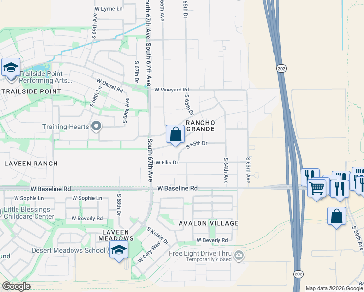 map of restaurants, bars, coffee shops, grocery stores, and more near 7252 South 65th Drive in Maricopa County