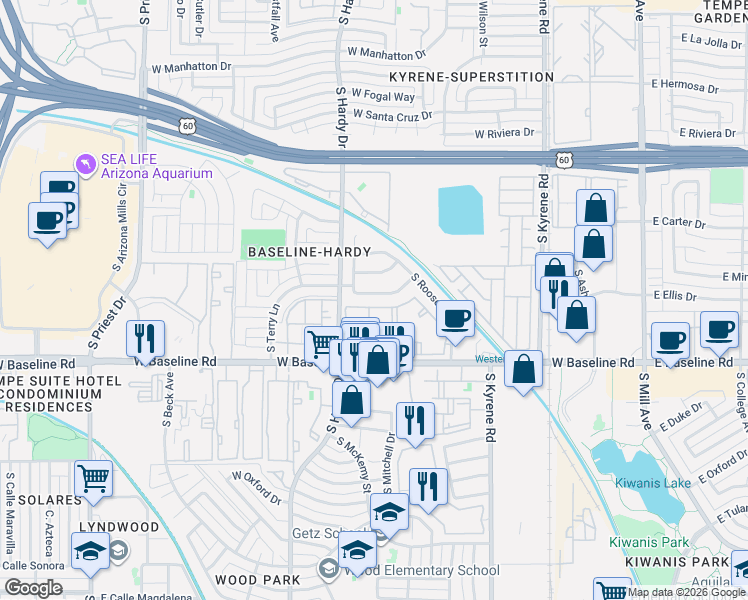 map of restaurants, bars, coffee shops, grocery stores, and more near 672 West Minton Drive in Tempe