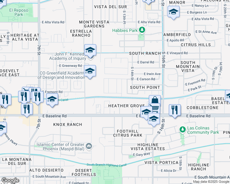 map of restaurants, bars, coffee shops, grocery stores, and more near 7314 South 13th Street in Phoenix