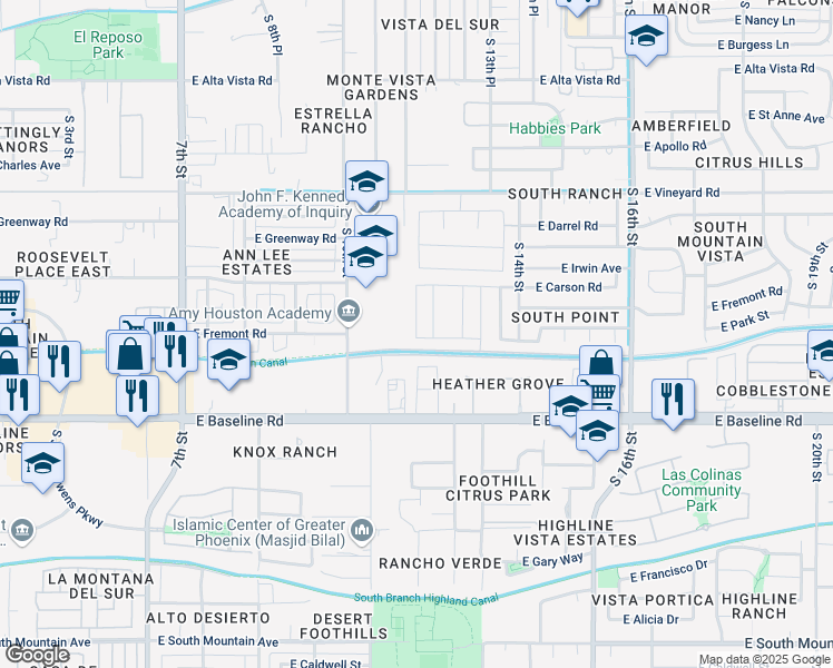 map of restaurants, bars, coffee shops, grocery stores, and more near 7309 South 12th Place in Phoenix