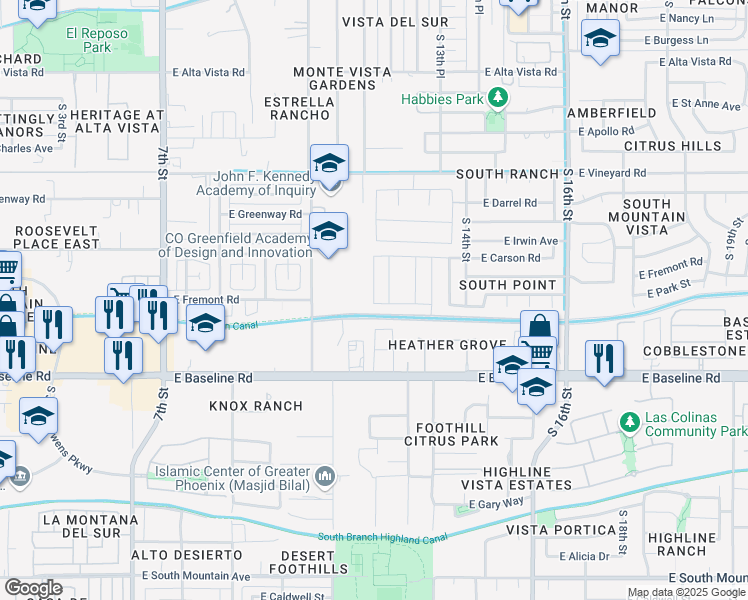 map of restaurants, bars, coffee shops, grocery stores, and more near 7309 South 12th Place in Phoenix