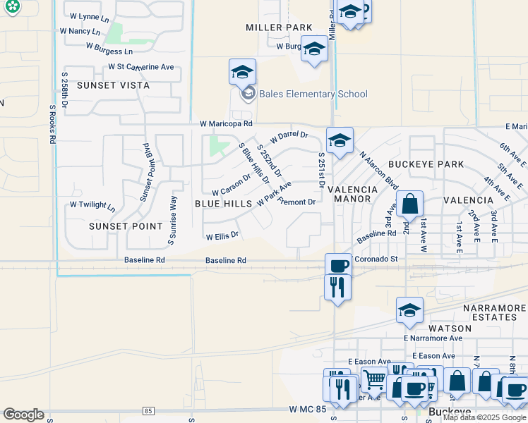 map of restaurants, bars, coffee shops, grocery stores, and more near 7264 South 252nd Lane in Buckeye