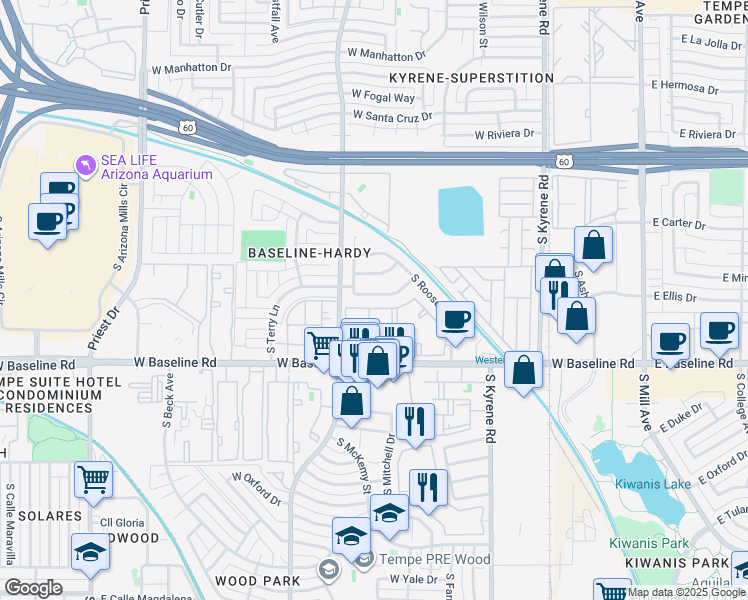 map of restaurants, bars, coffee shops, grocery stores, and more near 672 West Minton Drive in Tempe