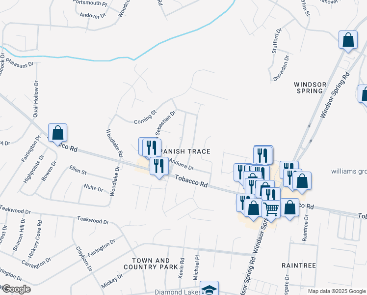map of restaurants, bars, coffee shops, grocery stores, and more near 3618 Spanish Trace Drive in Hephzibah