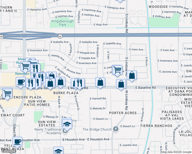 map of restaurants, bars, coffee shops, grocery stores, and more near 2566 East Javelina Avenue in Mesa