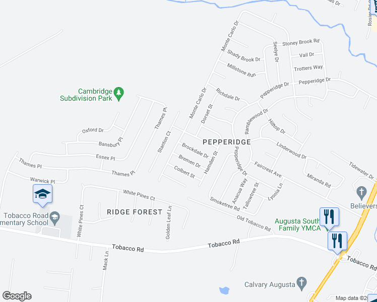 map of restaurants, bars, coffee shops, grocery stores, and more near 3518 Brockdale Drive in Augusta
