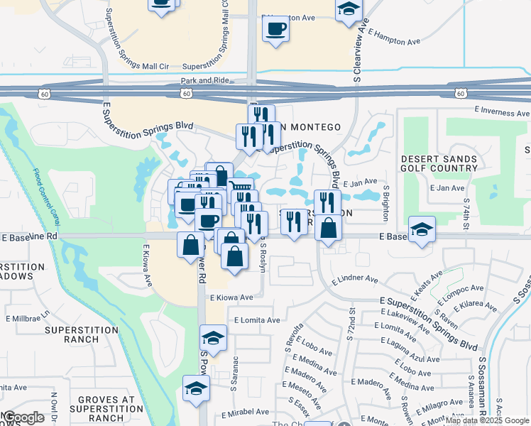 map of restaurants, bars, coffee shops, grocery stores, and more near 1849 South Power Road in Mesa