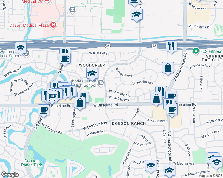 map of restaurants, bars, coffee shops, grocery stores, and more near 1559 West Juanita Circle in Mesa
