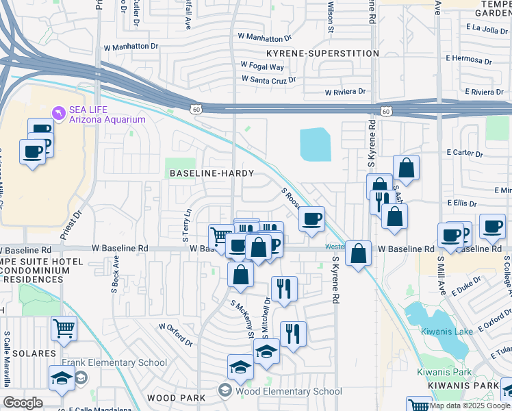 map of restaurants, bars, coffee shops, grocery stores, and more near 672 West Minton Drive in Tempe