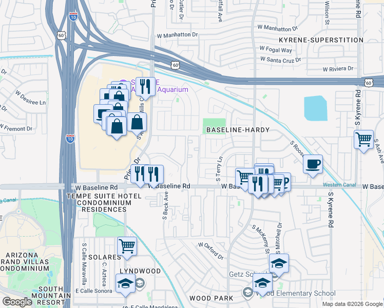 map of restaurants, bars, coffee shops, grocery stores, and more near 1222 West Baseline Road in Tempe