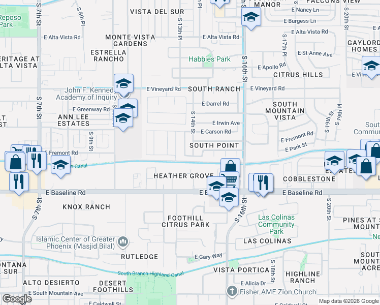 map of restaurants, bars, coffee shops, grocery stores, and more near 7055 South 14th Street in Phoenix
