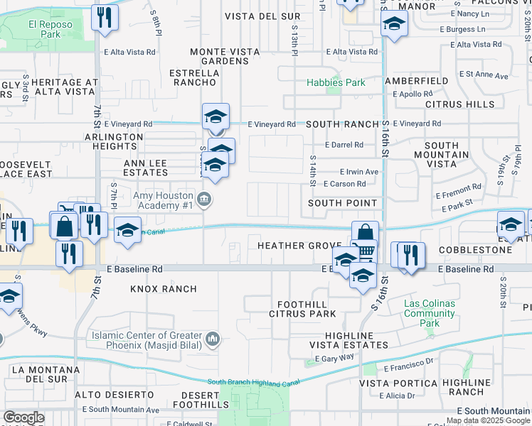 map of restaurants, bars, coffee shops, grocery stores, and more near 7225 South 12 Place in Phoenix
