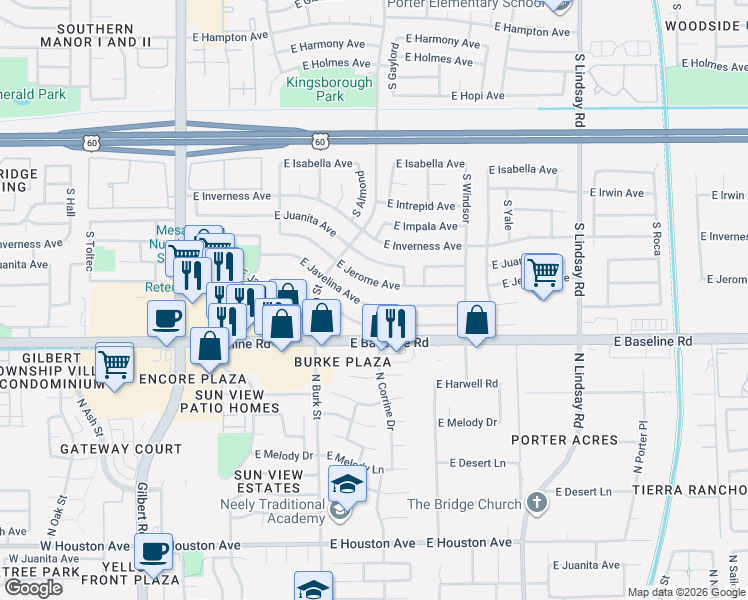 map of restaurants, bars, coffee shops, grocery stores, and more near 2425 East Jerome Avenue in Mesa