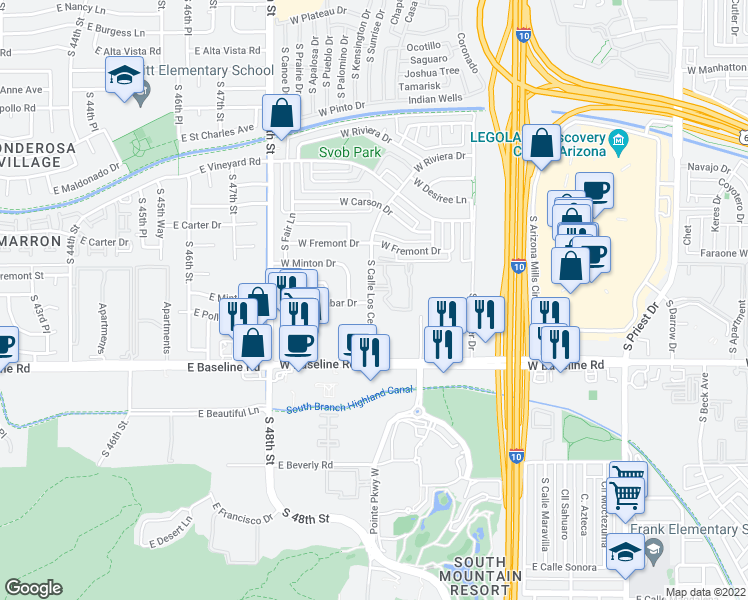map of restaurants, bars, coffee shops, grocery stores, and more near 4901 South Calle Los Cerros Drive in Tempe