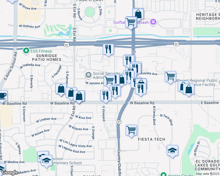 map of restaurants, bars, coffee shops, grocery stores, and more near 554 West Baseline Road in Mesa