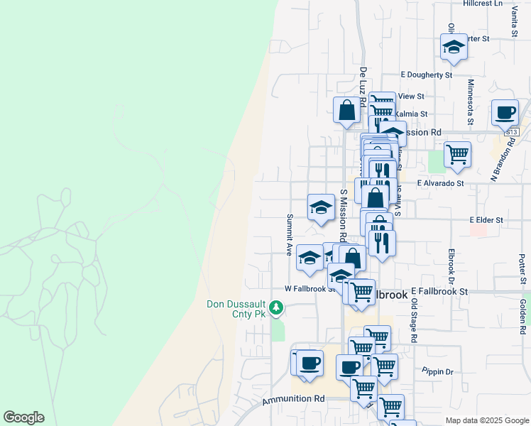 map of restaurants, bars, coffee shops, grocery stores, and more near 711 West Elder Street in Fallbrook