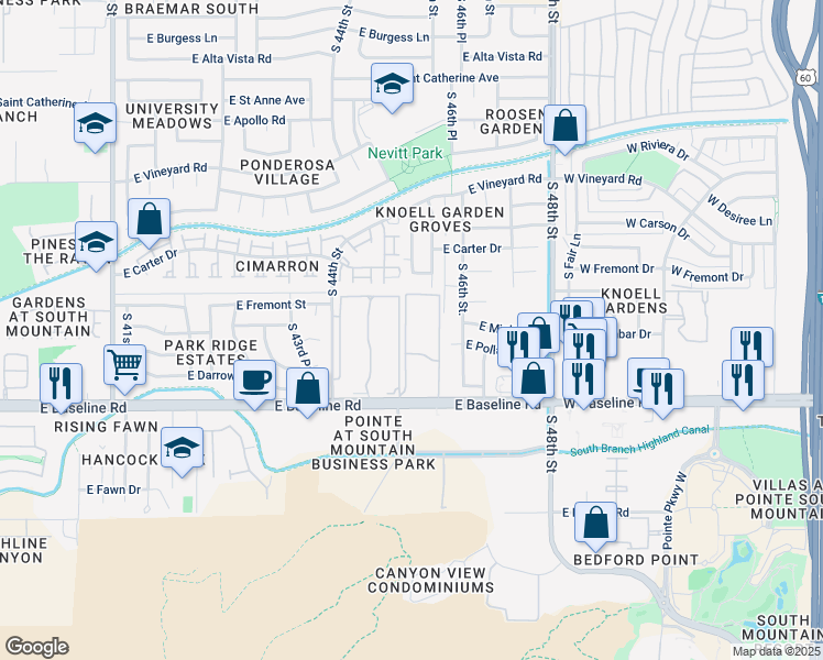 map of restaurants, bars, coffee shops, grocery stores, and more near 4520 East Baseline Road in Phoenix