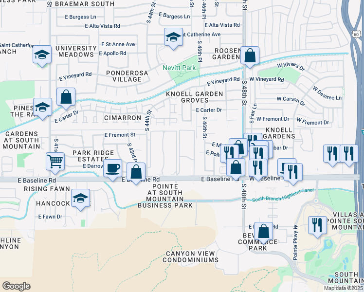 map of restaurants, bars, coffee shops, grocery stores, and more near 4520 East Baseline Road in Phoenix