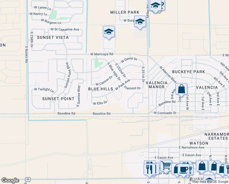map of restaurants, bars, coffee shops, grocery stores, and more near 25337 West Carter Court in Buckeye