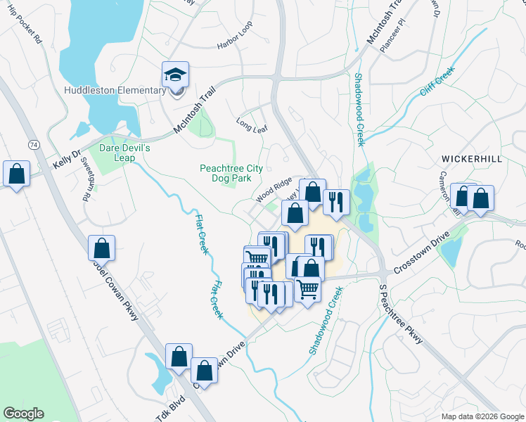 map of restaurants, bars, coffee shops, grocery stores, and more near 402 Lily Green in Peachtree City