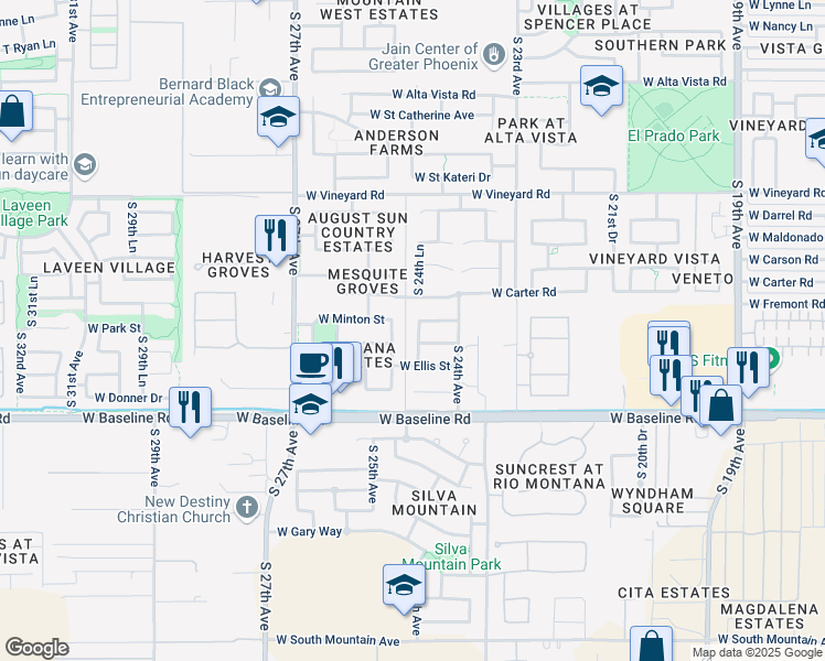 map of restaurants, bars, coffee shops, grocery stores, and more near 7306 South 24th Lane in Phoenix