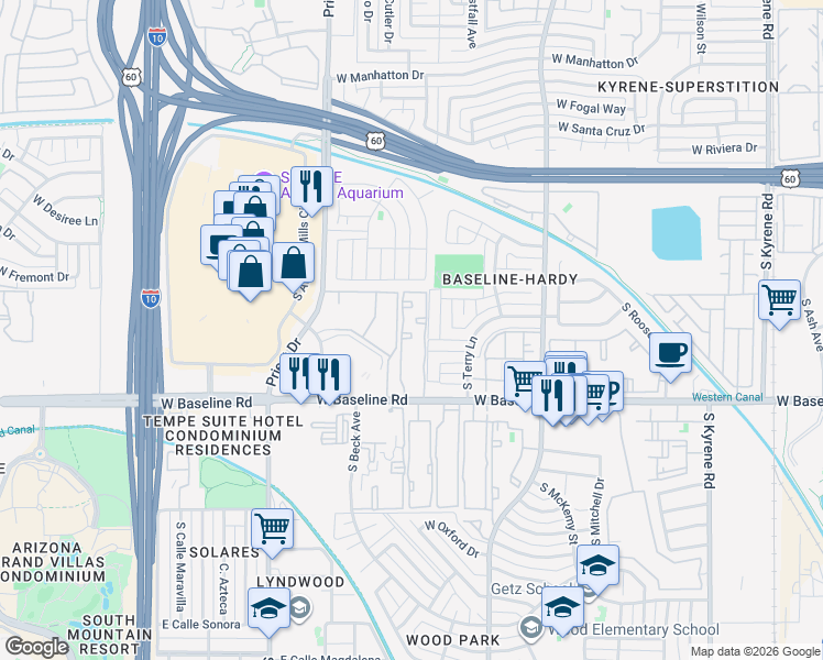 map of restaurants, bars, coffee shops, grocery stores, and more near 1222 West Baseline Road in Tempe