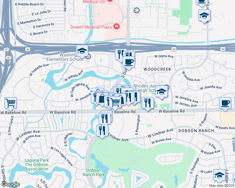 map of restaurants, bars, coffee shops, grocery stores, and more near 1819-1843 South Dobson Road in Mesa