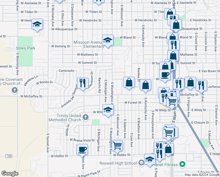 map of restaurants, bars, coffee shops, grocery stores, and more near 1110 South Washington Avenue in Roswell
