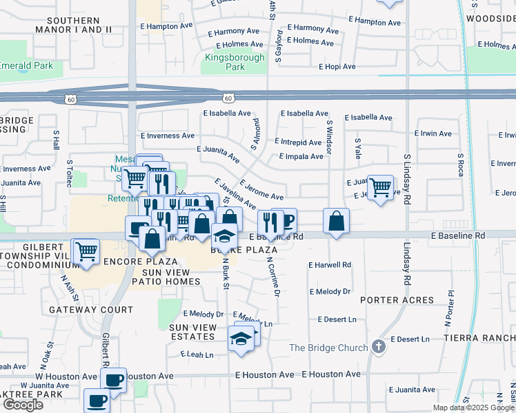 map of restaurants, bars, coffee shops, grocery stores, and more near 2425 East Jerome Avenue in Mesa