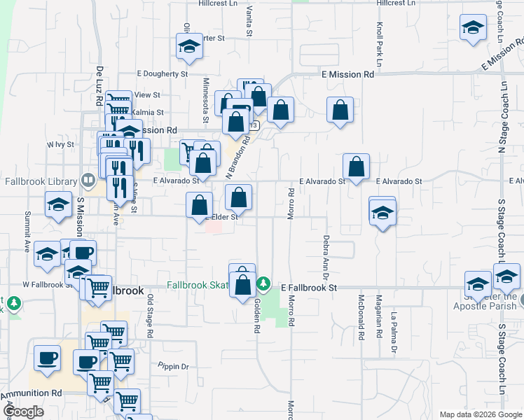 map of restaurants, bars, coffee shops, grocery stores, and more near 205 Potter Street in Fallbrook
