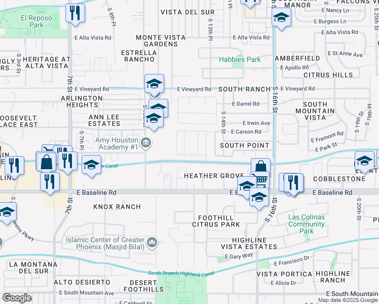 map of restaurants, bars, coffee shops, grocery stores, and more near 7225 South 12 Place in Phoenix