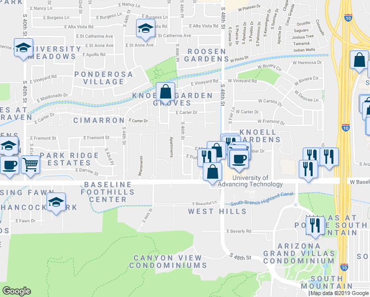 map of restaurants, bars, coffee shops, grocery stores, and more near 4601 East Minton Street in Phoenix