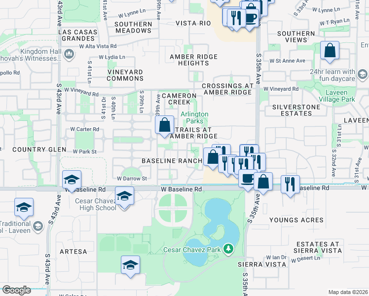 map of restaurants, bars, coffee shops, grocery stores, and more near 7212 South 37th Glen in Phoenix