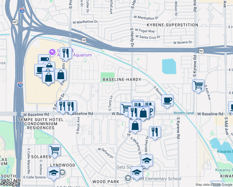 map of restaurants, bars, coffee shops, grocery stores, and more near 1036 West Minton Drive in Tempe