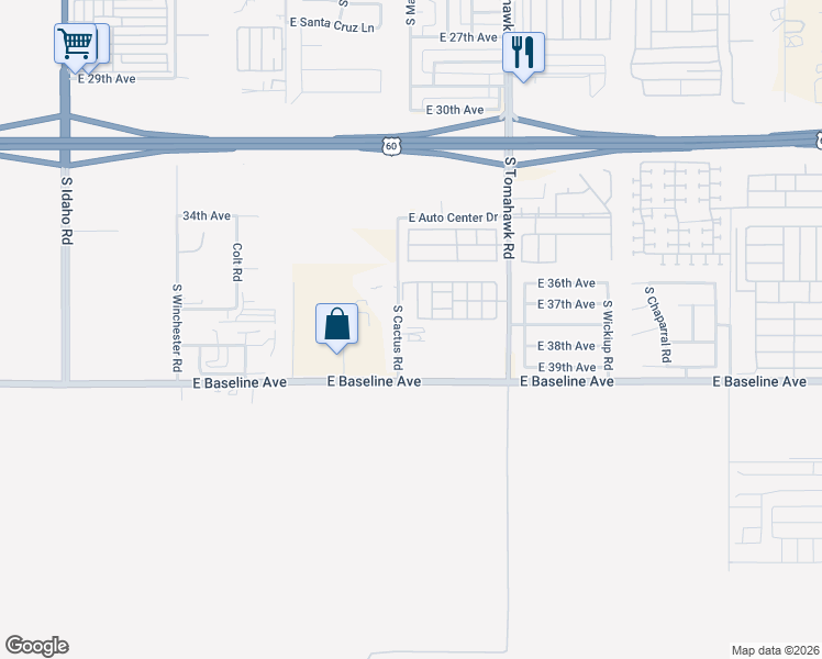 map of restaurants, bars, coffee shops, grocery stores, and more near 3825 South Cactus Road in Apache Junction