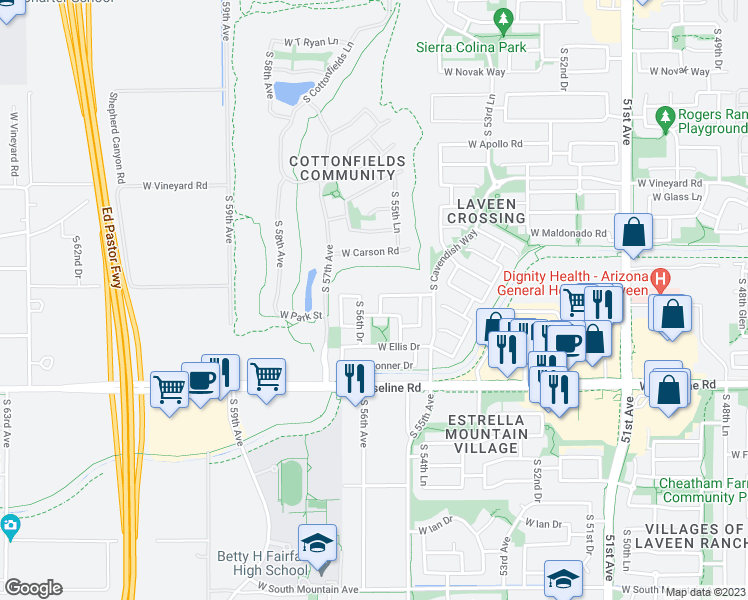 map of restaurants, bars, coffee shops, grocery stores, and more near 7208 South 56th Avenue in Laveen