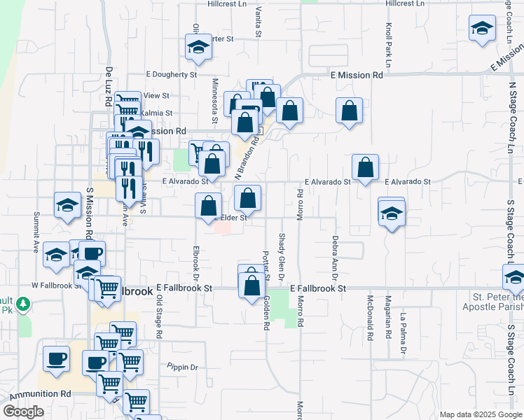 map of restaurants, bars, coffee shops, grocery stores, and more near 217 Potter Street in Fallbrook