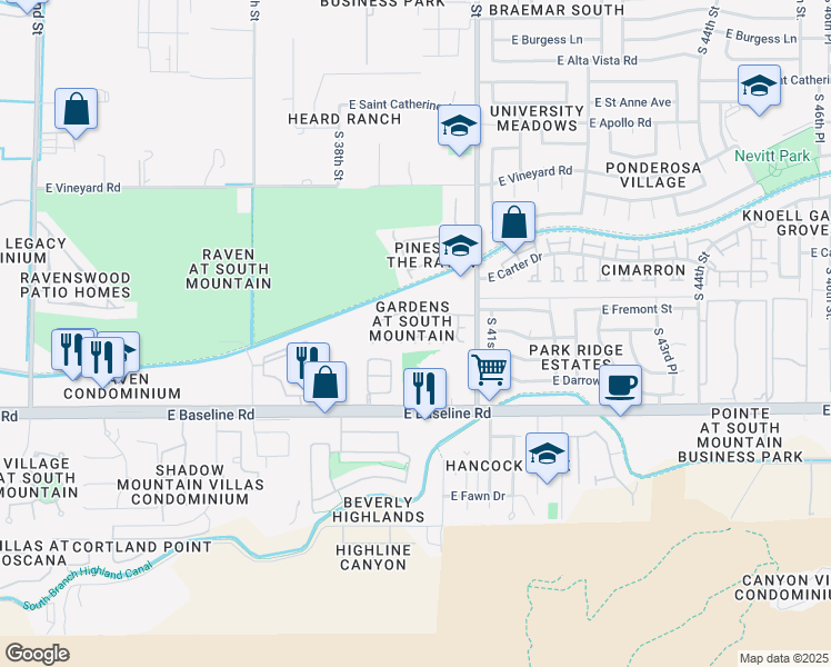 map of restaurants, bars, coffee shops, grocery stores, and more near 3848 East Pollack Street in Phoenix