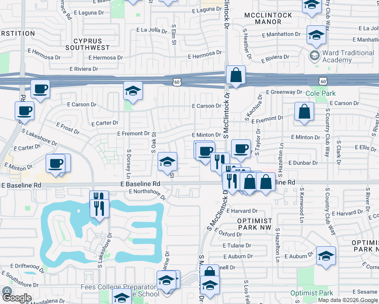 map of restaurants, bars, coffee shops, grocery stores, and more near 4804 South Juniper Street in Tempe