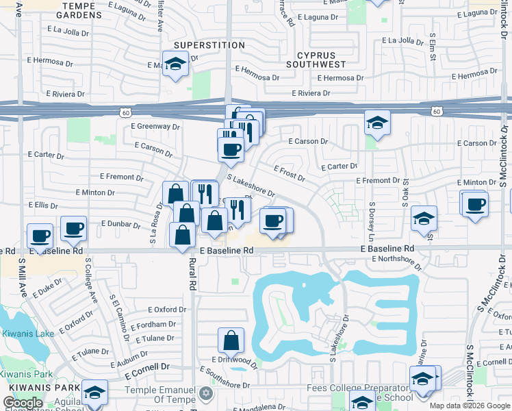 map of restaurants, bars, coffee shops, grocery stores, and more near 4608 South Lakeshore Drive in Tempe