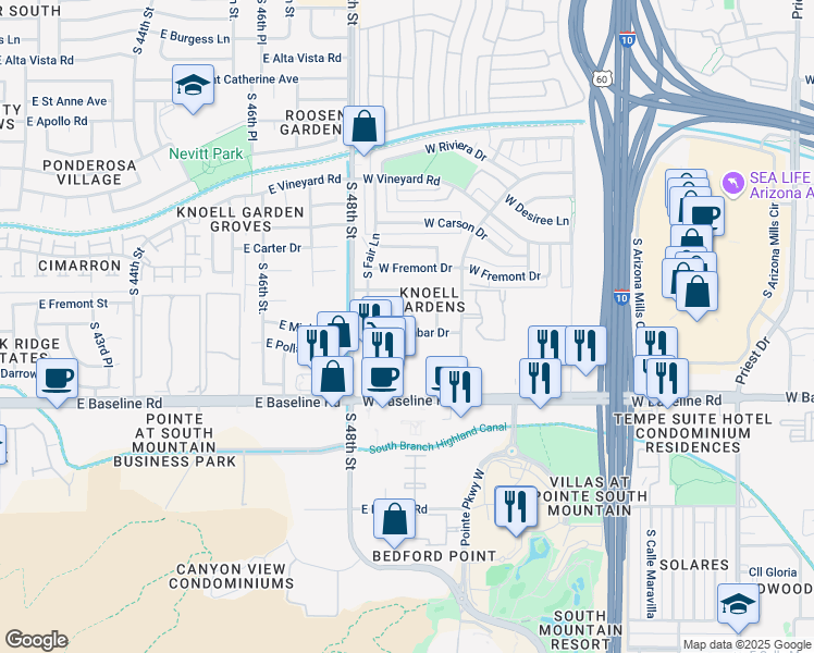 map of restaurants, bars, coffee shops, grocery stores, and more near 2611 West Ellis Drive in Tempe