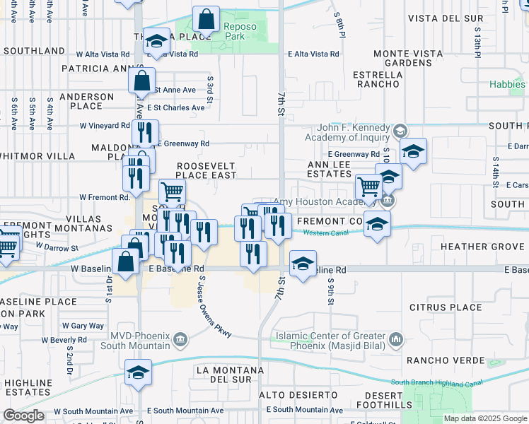 map of restaurants, bars, coffee shops, grocery stores, and more near 7131 South 7th Street in Phoenix