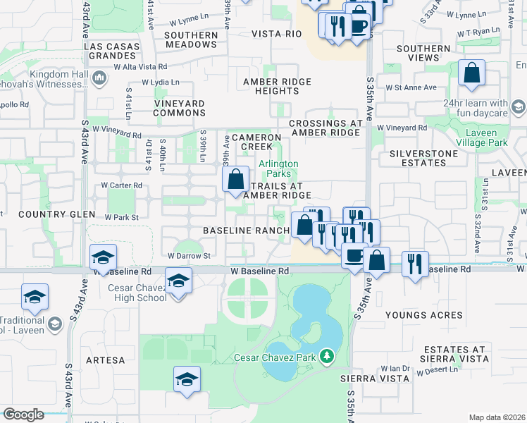 map of restaurants, bars, coffee shops, grocery stores, and more near 7212 South 37th Glen in Phoenix