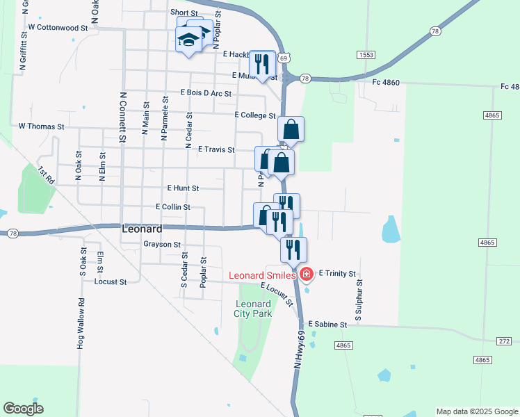 map of restaurants, bars, coffee shops, grocery stores, and more near 105 North Pecan Street in Leonard