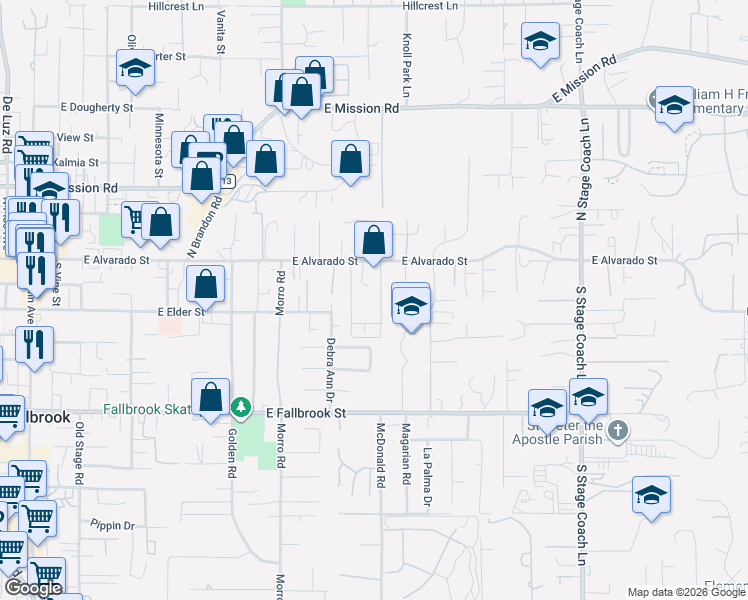 map of restaurants, bars, coffee shops, grocery stores, and more near 145 Barhaven Lane in Fallbrook