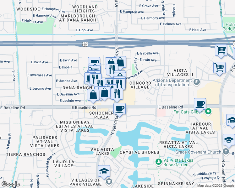 map of restaurants, bars, coffee shops, grocery stores, and more near 1935 South Val Vista Drive in Mesa